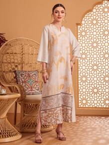 Al Najma Random Printed Notched Collar Dress - Apricot - View 4