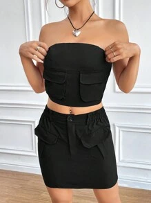 SHEIN Unity Conjunto De 2 Piezas Tipo Cargo Con Falda Y Top Sin Tirantes De Color Liso Para Mujer - Verde - Ver 2