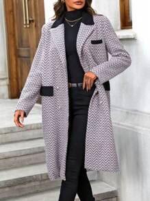 SHEIN LUNE Women'S Woolen Wave Pattern Color Block Coat Fall Cloth For Women - Pink - View 3