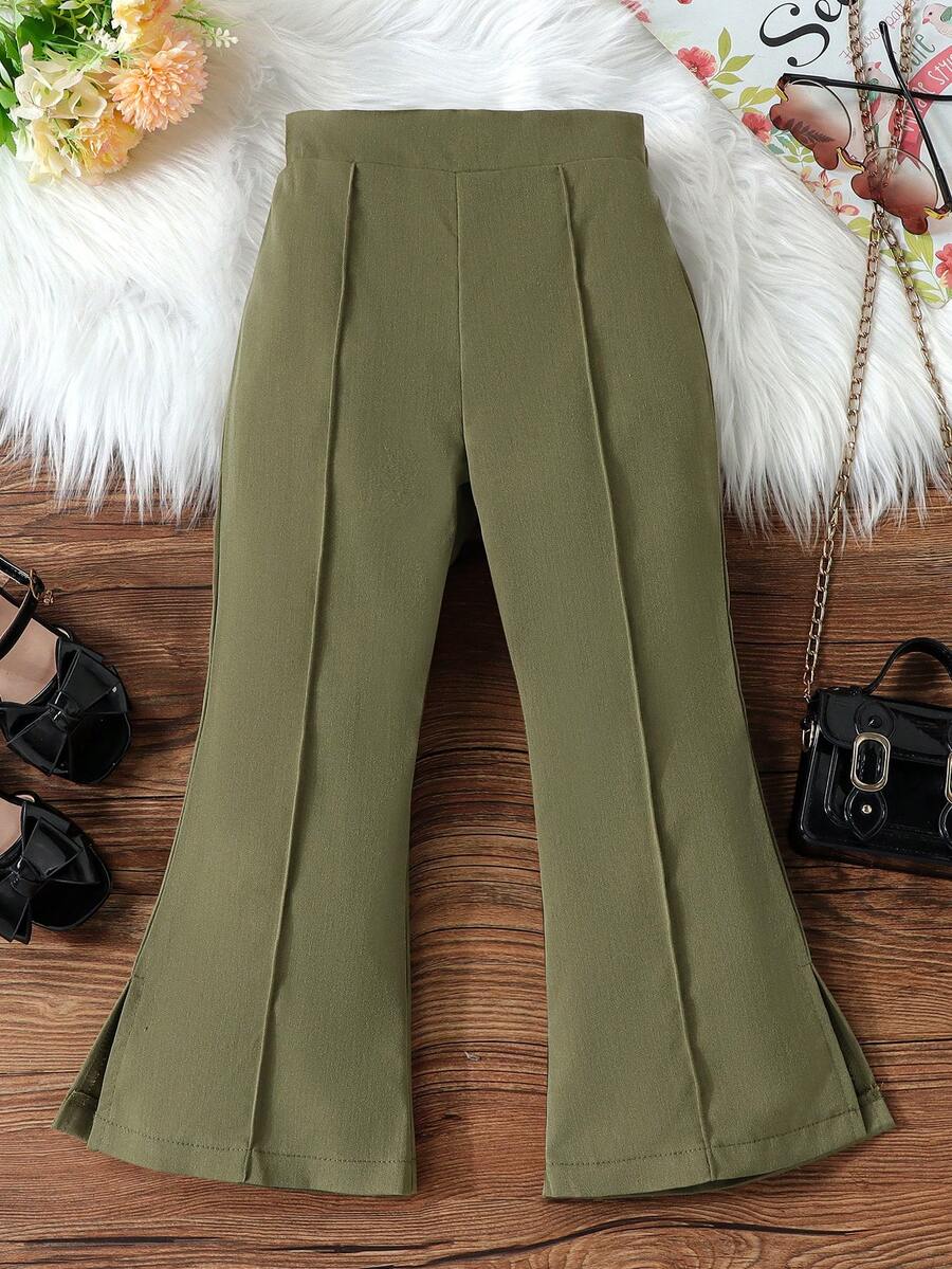 SHEIN Little Girls' Solid Color Flared Pants With Split Hem, Fashionable And Versatile - Green - View 1