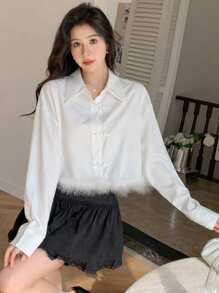 DAZY Women's Asymmetrical Hem Patchwork Drop Shoulder Long Sleeve Shirt,Fall Clothes - White - View 1