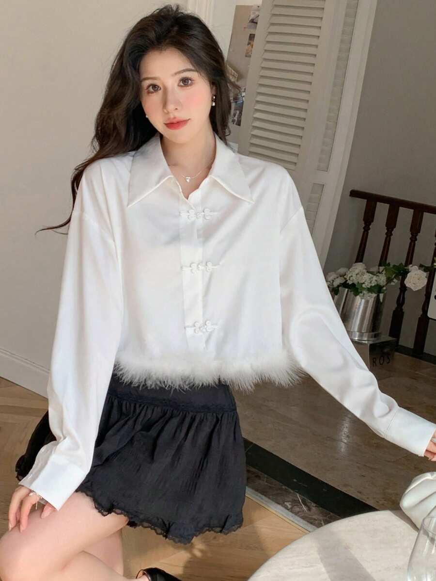 DAZY Women's Asymmetrical Hem Patchwork Drop Shoulder Long Sleeve Shirt,Fall Clothes - White - View 1