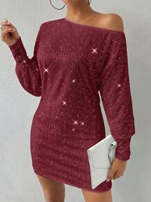 Allurite Asymmetrical Neckline Glitter Dress - Burgundy - View 1
