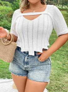 Flirla Plus Size Fashionable Knit Hollow Out Top With Unique Design - White - View 3