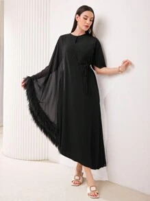 Al Najma 女式土耳其風格長款衬衫,拼接設計和飄逸毛茸袖 - 黑色 - 查看 7