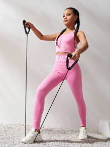 SHEIN Teenage Girls' Seamless Letter Printed Camisole Top And Pants Sports Set - Hot Pink - View 4