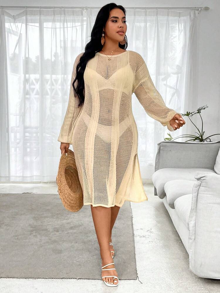 Plus Size Solid Color Hollow Out Knitted Sweater Dress