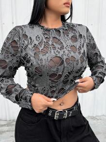 SHEIN ICON 大尺碼酷仿舊修身 T 卹 - 灰色 - 查看 1