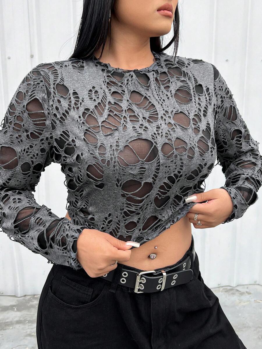 SHEIN ICON 大尺碼酷仿舊修身 T 卹 - 灰色 - 查看 1