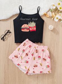SHEIN Tween Girl's Cartoon Printed Tank Top And Shorts Set For Home, 2pcs