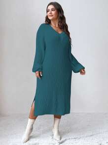 Celure Plus Size V Neck High Slit Side Sweater Dress (Belt Not Included) - Teal Blue - View 6