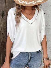SHEIN Frenchy Của phụ nữ Shirring Trắng Cổ v Mùa Xuân Mùa hè Ren tay cánh Ngắn tay Áo thun - trắng - Xem 6