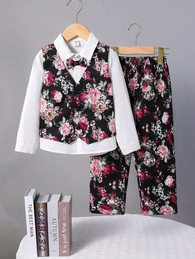 3pcs Young Boy Casual Printed Shirt, Vest And Pants Set, Thermal Lined , Thickened