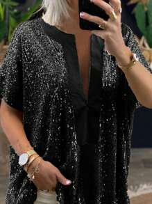 大码深 V 领短袖亮片优雅衬衫 - 黑色 - 查看 1