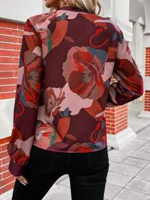 SHEIN Clasi Women's Floral Print Notched Collar Blouse - Burgundy - View 2