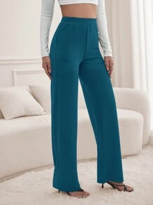 SHEIN Tall Women'S Solid Color Straight Leg Pants - Teal Blue - View 5