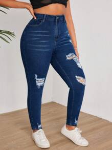 SHEIN SXY Plus Size Distressed Slim Fit Jeans - Dark Wash - View 3