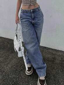 Women Casual Distressed Straight Fit Denim Jeans - Blue - View 3