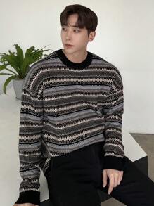 DAZY 男士秋冬條紋落肩圓領衛衣 - 彩色 - 查看 6