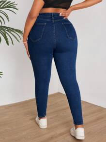 SHEIN SXY Plus Size Distressed Slim Fit Jeans - Dark Wash - View 2