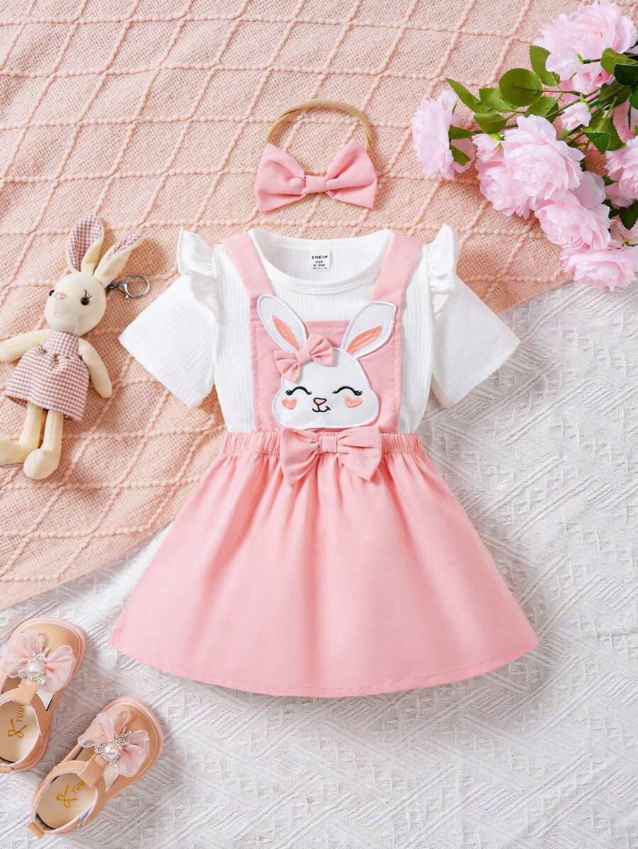SHEIN Conjunto de vestido de tirantes cortos con estampado de conejito lindo para bebé niña, de mangas cortas y adornado con tirantes, para verano - Rosa - Ver 1