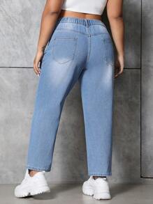 SHEIN EZwear 修身版型破洞設計mom牛仔褲 大尺碼 - 淺色水洗藍 - 查看 2