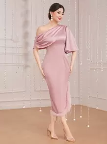 Modelyn Damski Jedno ramię Patchwork Obszycie Dopasowana sukienka