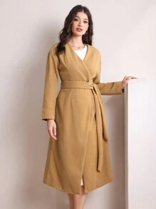 Mulvari Của phụ nữ Len áo Không có Vòng cổ Với thắt lưng - Màu Khaki - Xem 6