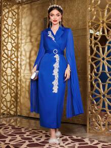 Modelyn فستان سهرة طويل مطرز زخرفي الأكمام عباءة غلاف ، فستان سهرة أنيق للمناسبات المسائية - الأزرق - مشاهدة 3