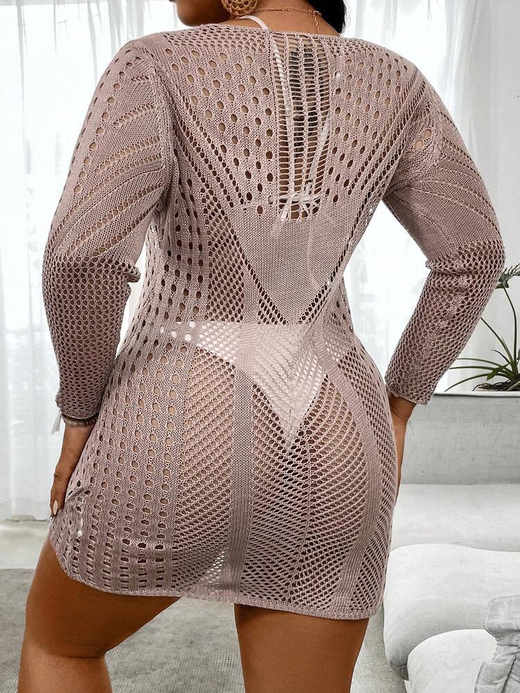 Women's Plus Size Slim Fit Knitted Sweater Dress With Hollow Out Design, Round Neck Fall Cloth For Women