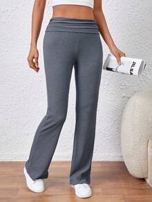 SHEIN Essnce Của phụ nữ Bên Xếp li Pháo sáng Xà cạp Với Gập eo - Màu xám đen - Xem 5