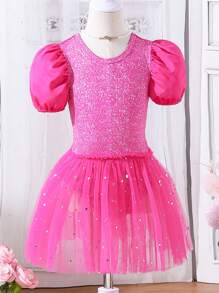 SHEIN Little Girls' Puff Sleeve Mesh Splicing Bodysuit - Hot Pink - View 1