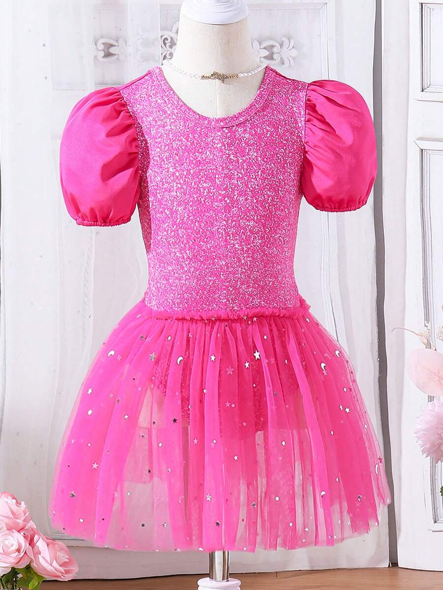 SHEIN Little Girls' Puff Sleeve Mesh Splicing Bodysuit - Hot Pink - View 1