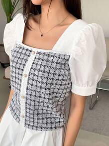 DAZY Của phụ nữ Kẻ sọc Vá lại Ngắn Ống tay áo Áo thun - Đen và trắng - Xem 2