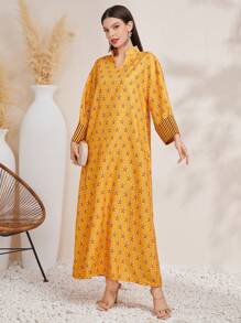 Al Najma Notched Neckline All-Over Printed Dress - Yellow - View 5