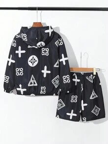 青少年男孩休閒連帽釦扣襯衫和寬鬆紗短褲套裝,印花圖案,針織 - 彩色 - 查看 2