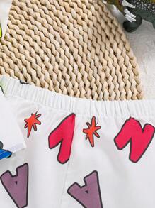 SHEIN Baby Boys' Cartoon Printed Casual Shirt, Hat And Shorts 3pcs Set - Blue and White - View 3