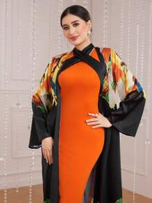 Modelyn Ladies' Contrast Color Bodycon Dress And Coat Set - Orange - View 5