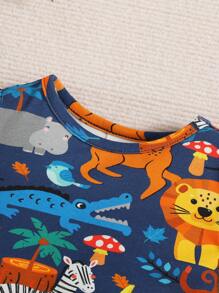 SHEIN Baby Boy Cartoon Animal Print Round Neck Short Sleeve T-Shirt And Shorts Snug Fit Homewear Set - Multicolor - View 4