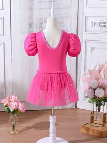 SHEIN Little Girls' Puff Sleeve Mesh Splicing Bodysuit - Hot Pink - View 2