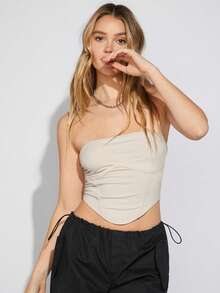 SHEIN EZwear Quý cô Màu Quả mơ Đan Áo Bandeau - Màu be - Xem 8