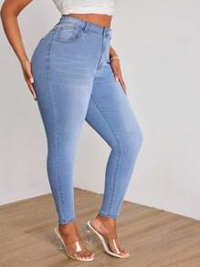 SHEIN SXY Kích thước lớn Độ co giãn Cao Thon gọn Cơ bản Quần jean ôm - Màu xanh lam - Xem 4