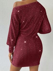 Allurite Asymmetrical Neckline Glitter Dress - Burgundy - View 2