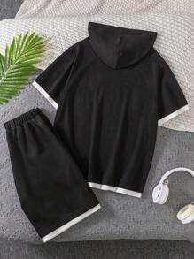 SHEIN Tween Boy Loose-Fit Casual Hooded 2 In 1 T-Shirt And Shorts Set - Black - View 2