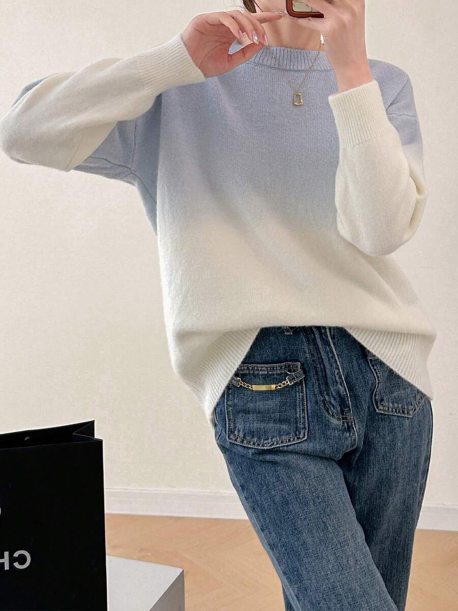 Vòng cổ Màu tương phản Xoắn ốc Đáy Gầy Áo len - Màu xanh nhạt - Xem 1