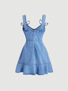 SHEIN MOD Women's Denim Dress Decorated With Ruffle Hem And Cinching Waist