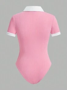 SHEIN EZwear Của phụ nữ Dệt kim Khối màu Dây kéo nửa Áo liền quần chặt - Hồng - Xem 2