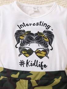 SHEIN Conjunto para niña joven de camiseta de manga corta con letras y personajes impresos y falda de carga con estampado de camuflaje - Multicolor - Ver 4