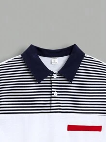 SHEIN 青少年男孩休闲条纹和拼色针织宽松 Polo 衫