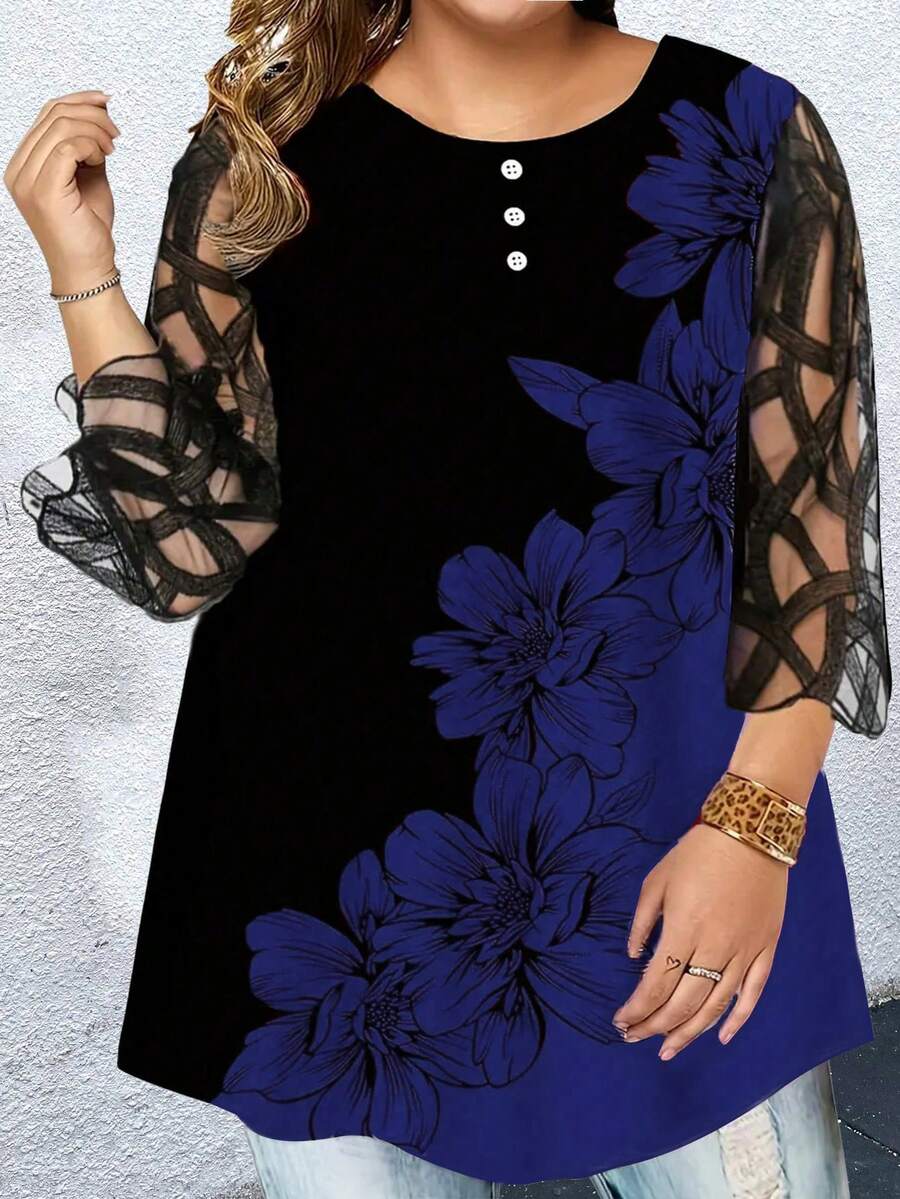 EMERY ROSE Plus Size Floral Printed Round Neck T-Shirt - Multicolor - View 1